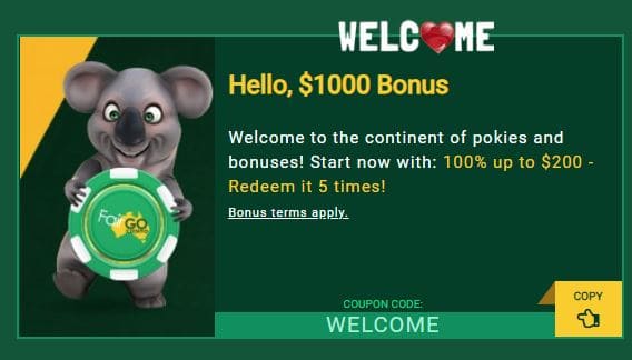 Fair Go Casino welcome bonus.